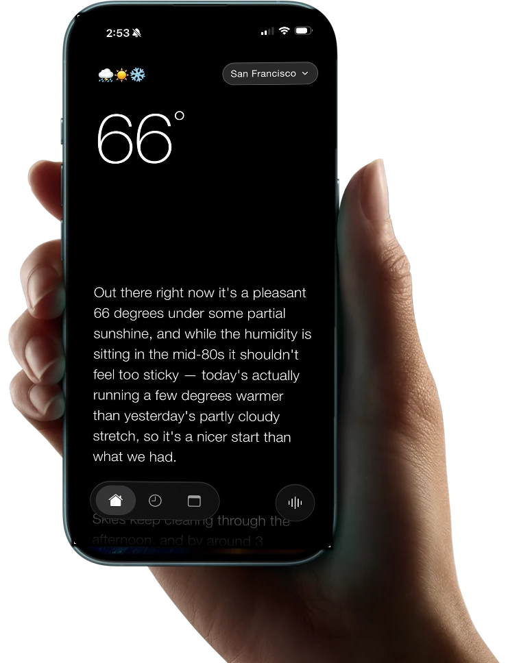 WTHR's Digest view, showing today's weather written in plain language, open on a phone held in a hand